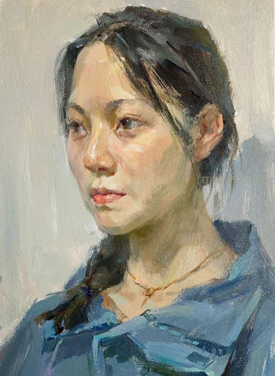 四分之三面色彩头像女青年照片对画